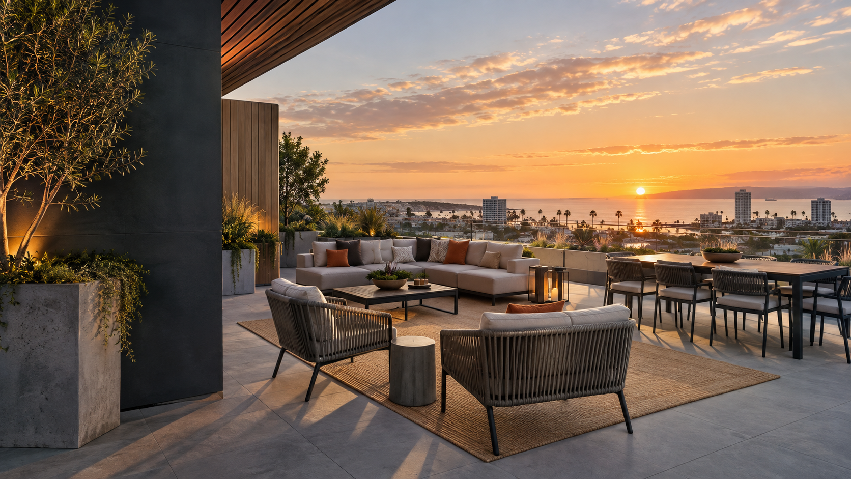 Outdoor furniture installation on a hospitality rooftop
